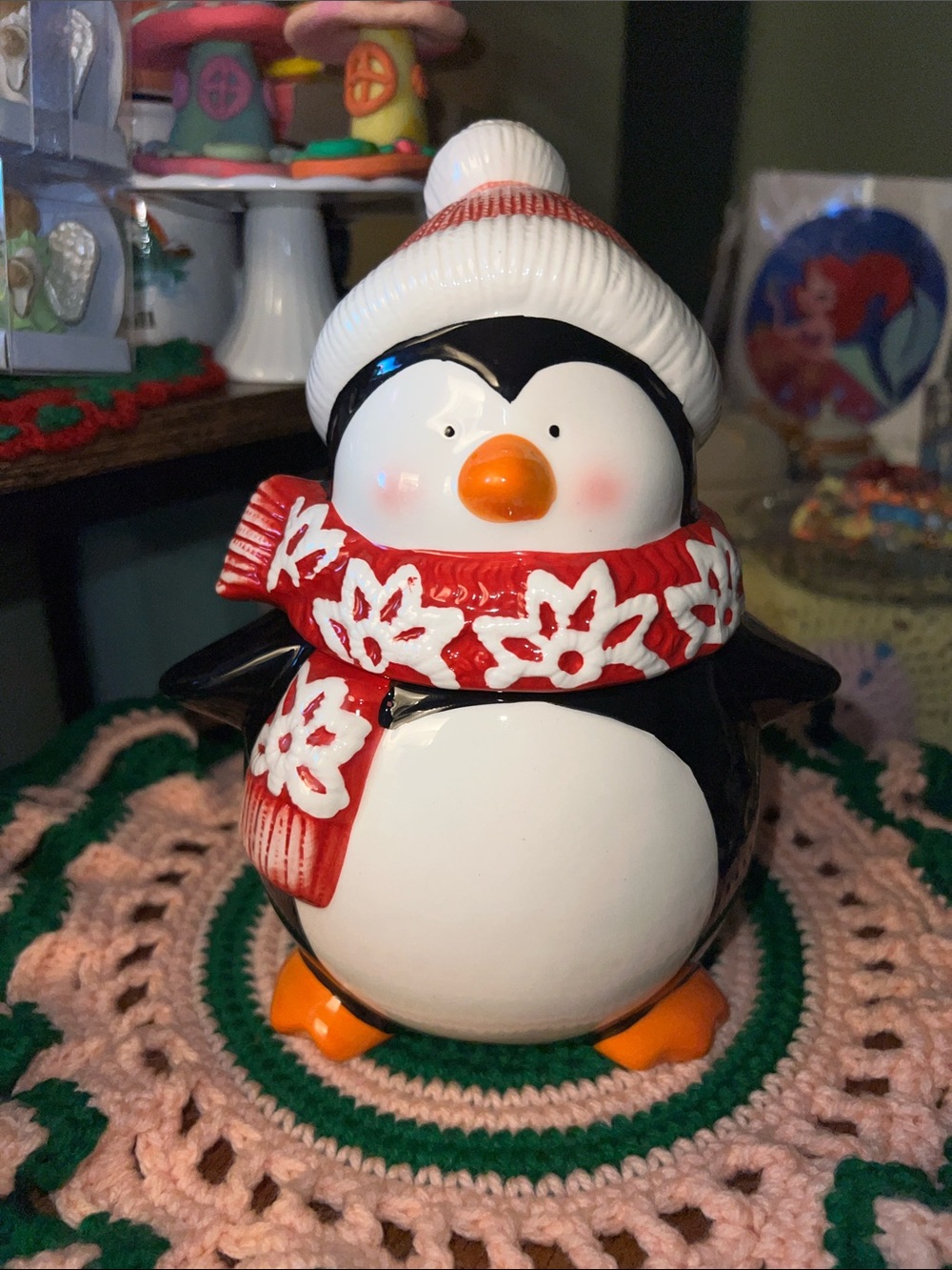 Festive christmas Red & White Penguin Holiday cookie Jar